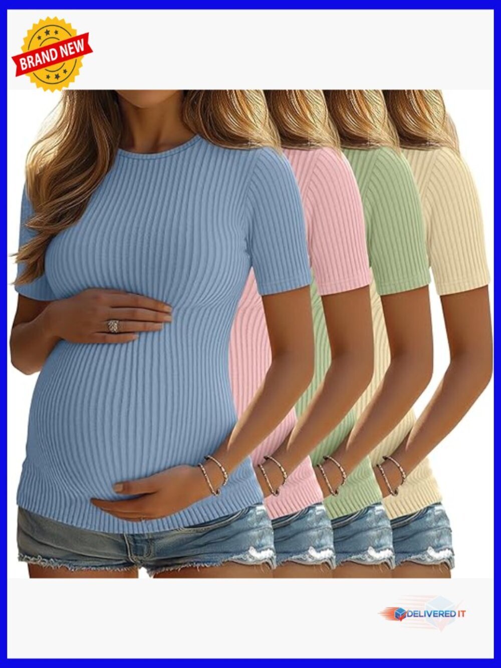 4 Pack Maternity Ribbed Knit Short Sleeve Tees Crew Neck Summer Tops